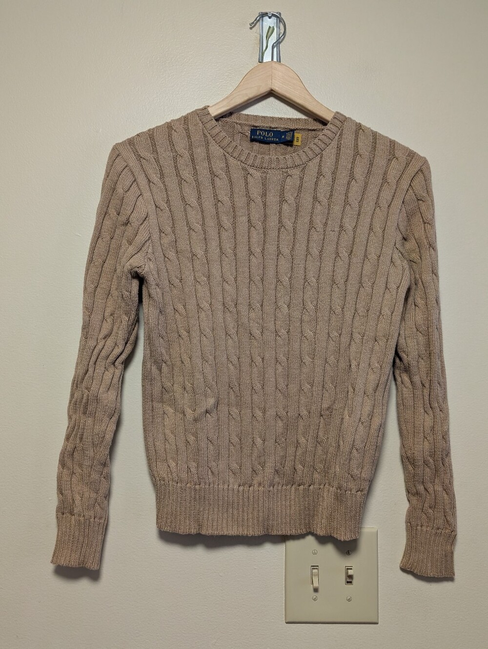 Polo Ralph Lauren Cable Knit Crewneck Sweater Medium Taupe Preppy